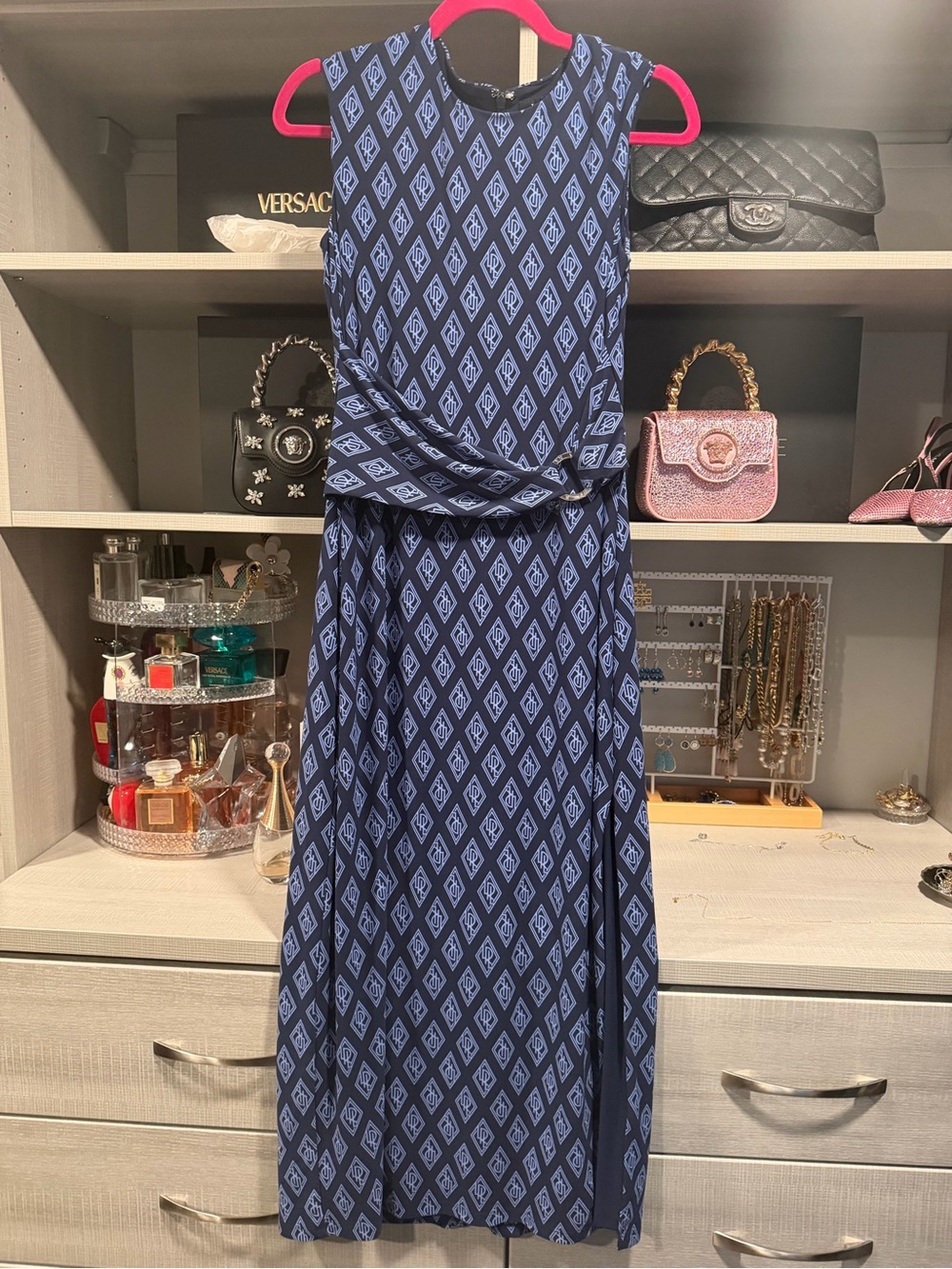 Ralph Lauren Navy and Light Blue Diamond-Print Maxi Dress